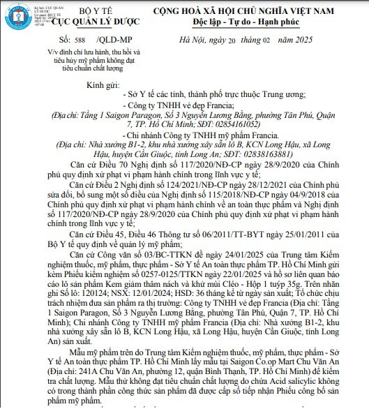 Thu hoi Kem giam tham, khu mui Cleo cua Cong ty ve dep Francia