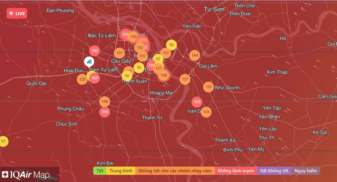 Chat luong khong khi Ha Noi ngay 16/2: Nhieu khu vuc giam cap o nhiem