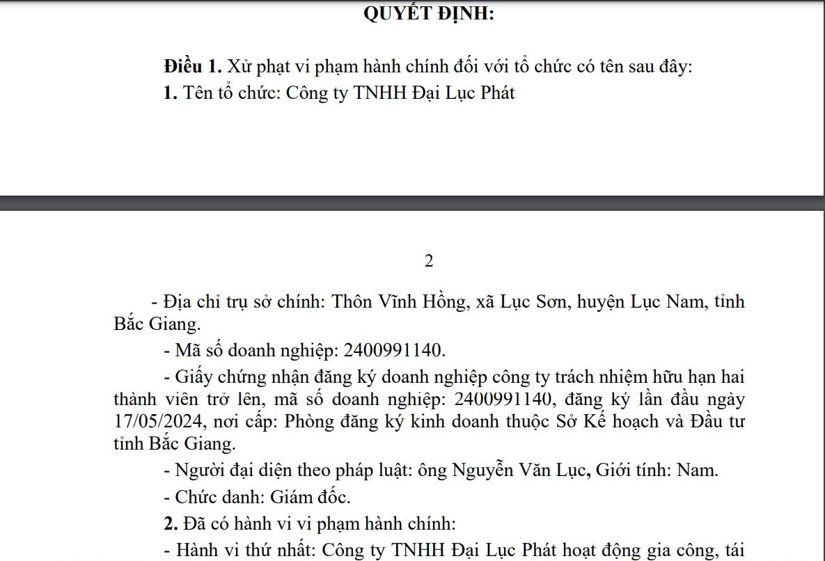 Bắc Giang: Xử phạt Công ty TNHH Đại Lục Phát 365 triệu đồng Bac Giang: Xu phat Cong ty TNHH Dai Luc Phat 365 trieu dong