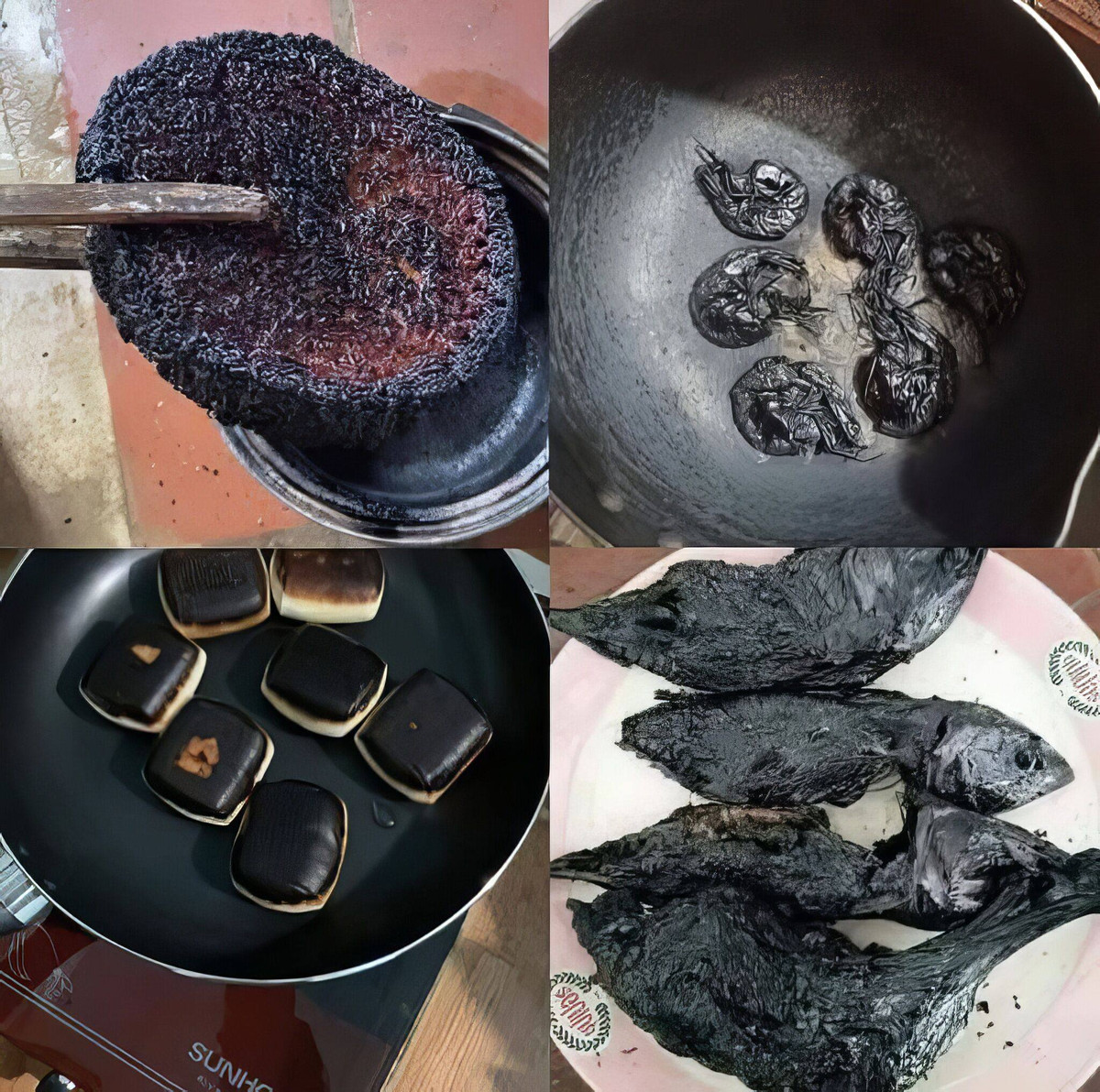 Những món ăn chiên – tưởng chừng đơn giản nhưng lại bị biến thành một miếng than cháy đen, đến mức khó ai có thể nhận ra nguyên bản.