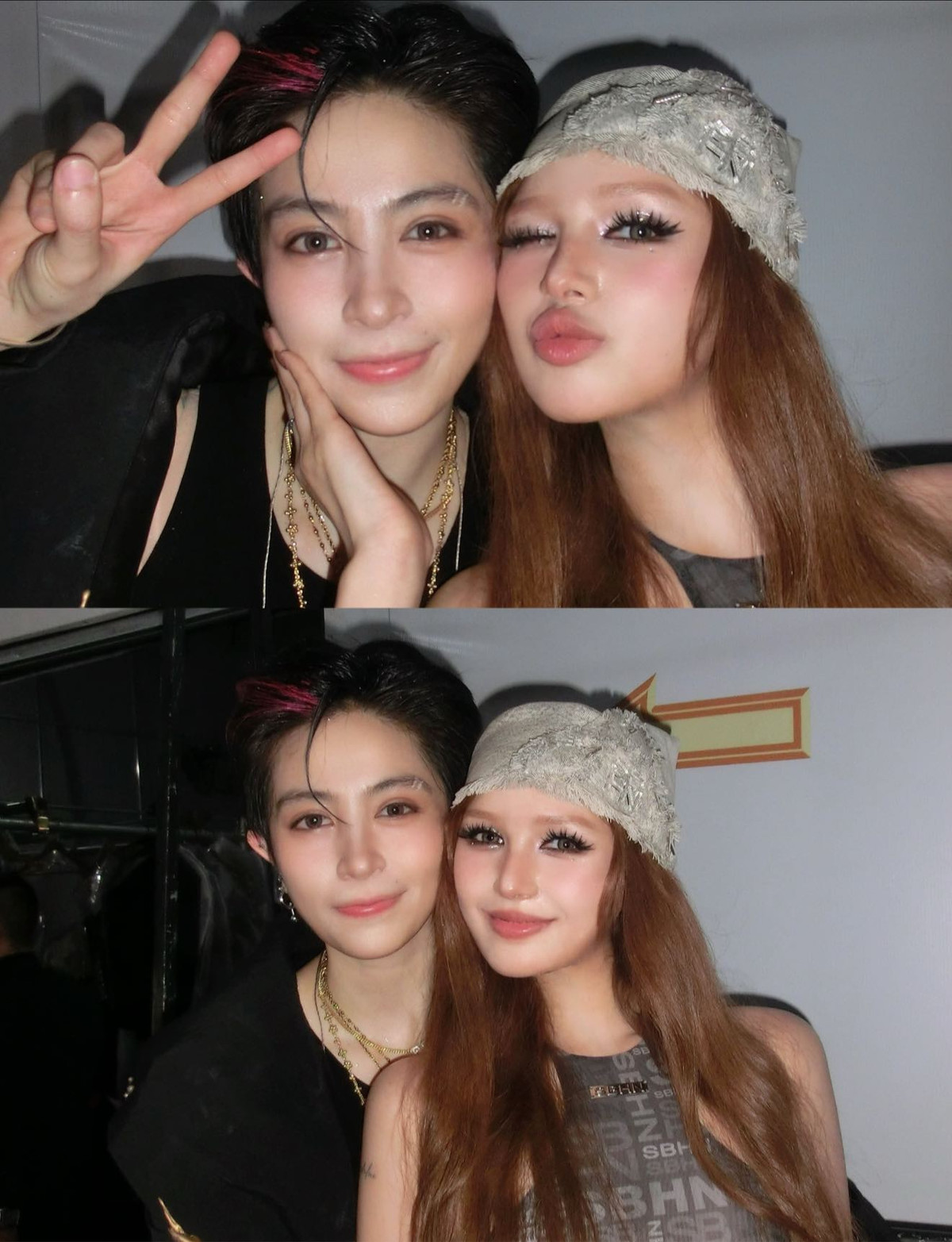 Trong ảnh hậu trường, Xoài Non diện outfit cá tính, trang điểm nhẹ nhàng nhưng nổi bật với visual “búp bê sống”. Trong khi đó, Gil Lê vẫn giữ nguyên phong cách tomboy cool ngầu quen thuộc, tạo nên một khung hình đối lập đầy cuốn hút khi đứng cạnh Xoài Non.