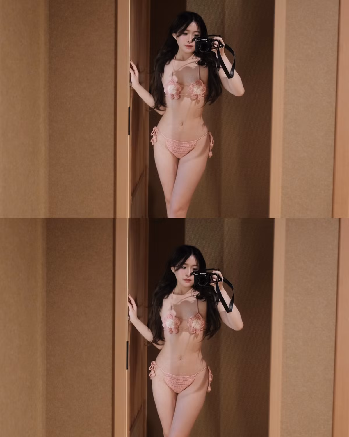 Chao khoe làn da trắng hồng tự nhiên, vòng eo con kiến và đôi chân dài nuột nà. Tóc xoăn sóng nhẹ, trang điểm “sương sương” và thần thái ngọt như kẹo – tất cả tạo nên hình ảnh một nàng thơ mùa hè vừa mát lành vừa cháy bỏng.