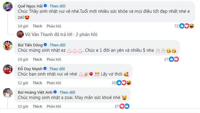 Ở phần bình luận nhiều cầu thủ khác như Quế Ngọc Hải, Bùi Tiến Dũng, Duy Mạnh hay Bùi Hoàng Việt Anh đã nhanh chóng để lại lời chúc sinh nhật cũng như lời giục giã lấy vợ dành cho đồng đội.