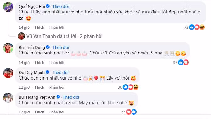 Ở phần bình luận nhiều cầu thủ khác như Quế Ngọc Hải, Bùi Tiến Dũng, Duy Mạnh hay Bùi Hoàng Việt Anh đã nhanh chóng để lại lời chúc sinh nhật cũng như lời giục giã lấy vợ dành cho đồng đội.