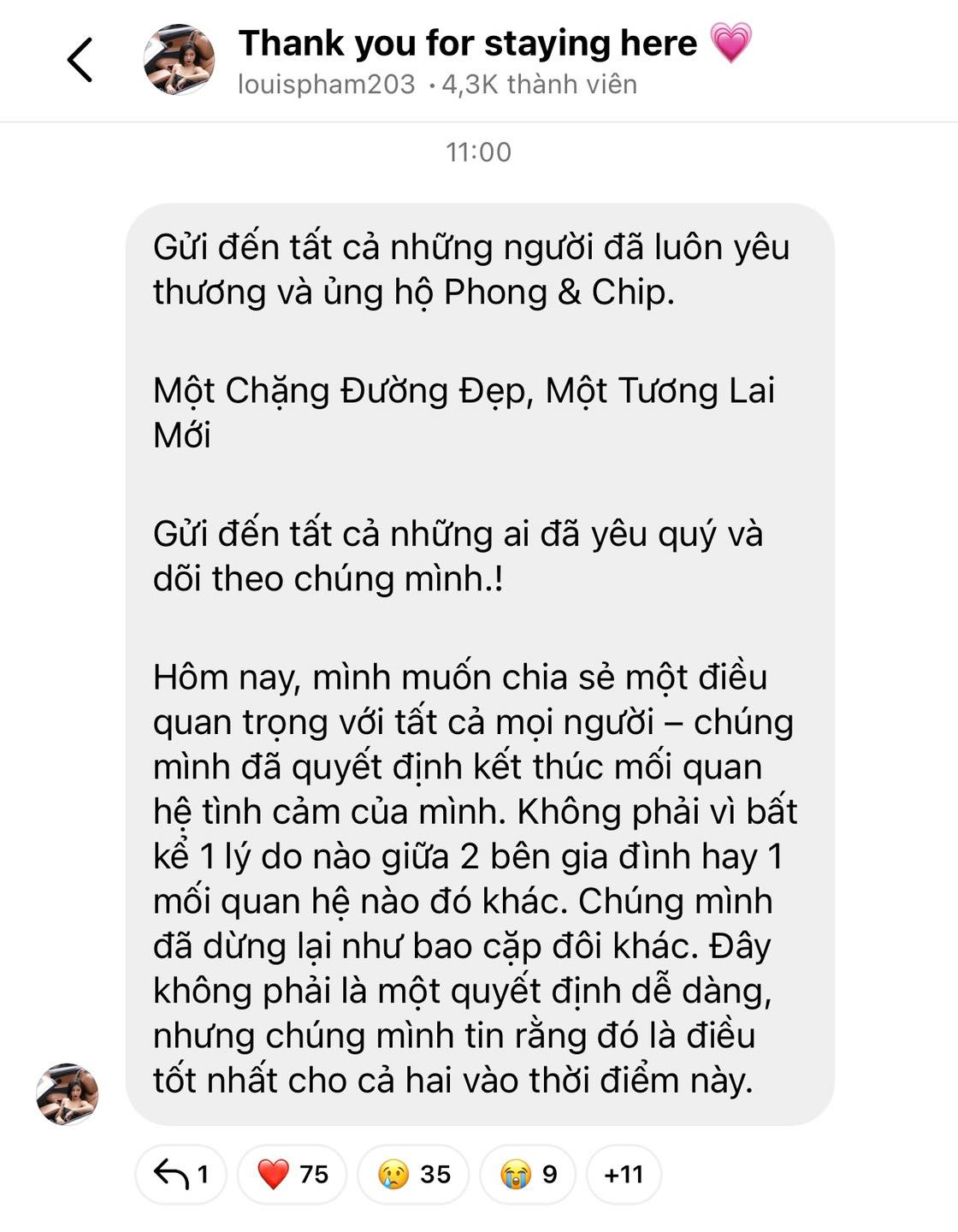 Cô nàng xác nhận thông tin đã chia tay Paul Lê và chia sẻ về lý do cả hai quyết định dừng lại mối quan hệ yêu đương. "Gửi đến tất cả những người đã luôn yêu thương và ủng hộ Phong &amp; Chip. Gửi đến tất cả những ai đã yêu quý và dõi theo chúng mình! Hôm nay, mình muốn chia sẻ một điều quan trọng với tất cả mọi người – chúng mình đã quyết định kết thúc mối quan hệ tình cảm của mình.