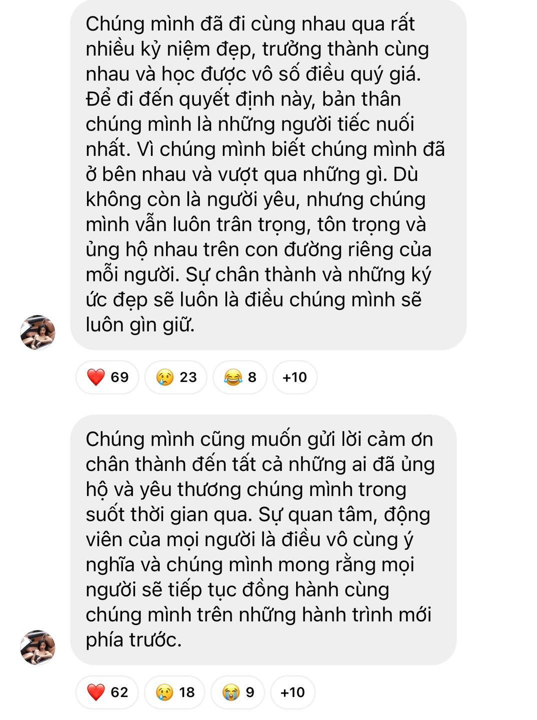 Cựu VĐV TDDC cho rằng khoảng thời gian đã qua rất đẹp, việc dừng lại đáng tiếc nhưng vẫn sẽ giữ sự trân quý dành cho nhau: "Chúng mình đã đi cùng nhau qua rất nhiều kỷ niệm đẹp, trưởng thành cùng nhau và học được vô số điều quý giá. Để đi đến quyết định này, bản thân chúng mình là những người tiếc nuối nhất. Vì chúng mình biết chúng mình đã ở bên nhau và vượt qua những gì. Dù không còn là người yêu, nhưng chúng mình vẫn luôn trân trọng, tôn trọng và ủng hộ nhau trên con đường riêng của mỗi người. Sự chân thành và những ký ức đẹp sẽ luôn là điều chúng mình sẽ luôn gìn giữ".