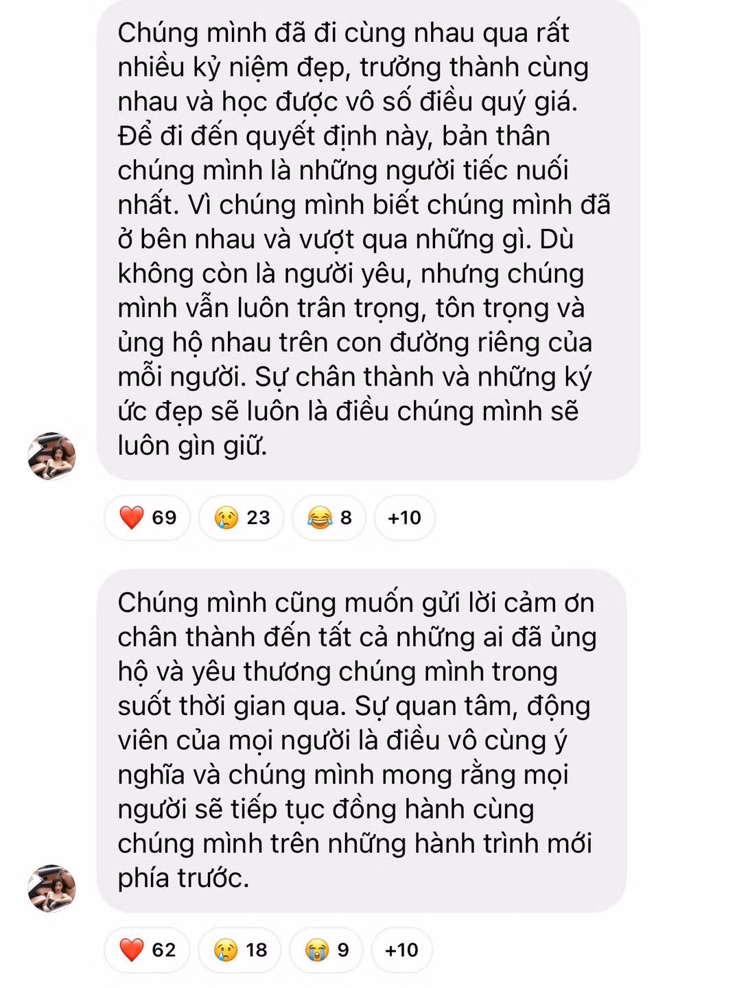 Cựu VĐV TDDC cho rằng khoảng thời gian đã qua rất đẹp, việc dừng lại đáng tiếc nhưng vẫn sẽ giữ sự trân quý dành cho nhau: "Chúng mình đã đi cùng nhau qua rất nhiều kỷ niệm đẹp, trưởng thành cùng nhau và học được vô số điều quý giá. Để đi đến quyết định này, bản thân chúng mình là những người tiếc nuối nhất. Vì chúng mình biết chúng mình đã ở bên nhau và vượt qua những gì. Dù không còn là người yêu, nhưng chúng mình vẫn luôn trân trọng, tôn trọng và ủng hộ nhau trên con đường riêng của mỗi người. Sự chân thành và những ký ức đẹp sẽ luôn là điều chúng mình sẽ luôn gìn giữ".