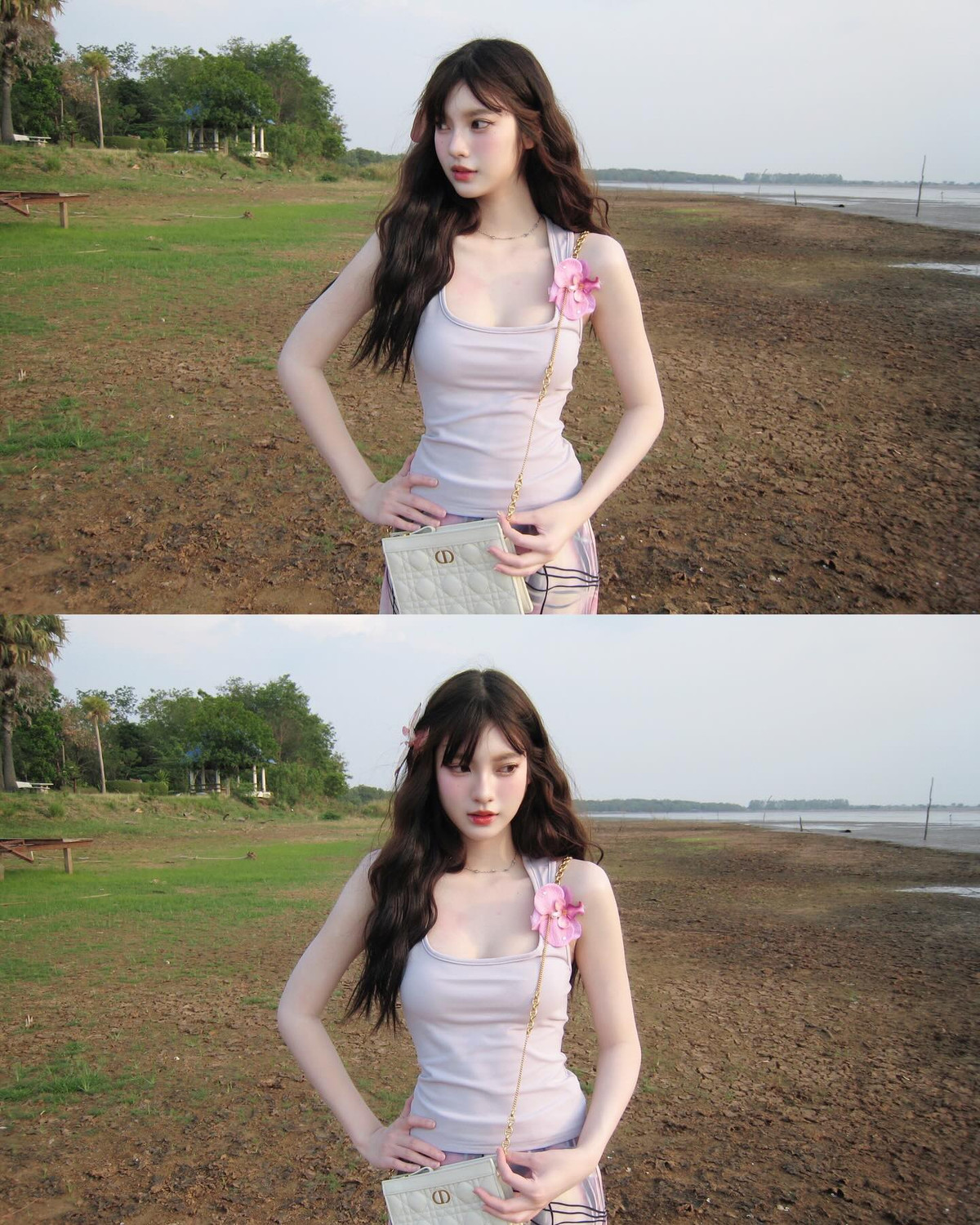 Chi tiết hoa tím cài vai và túi Dior trắng xinh xắn càng tôn thêm nét nữ tính và sang trọng cho outfit đơn giản nhưng tinh tế.