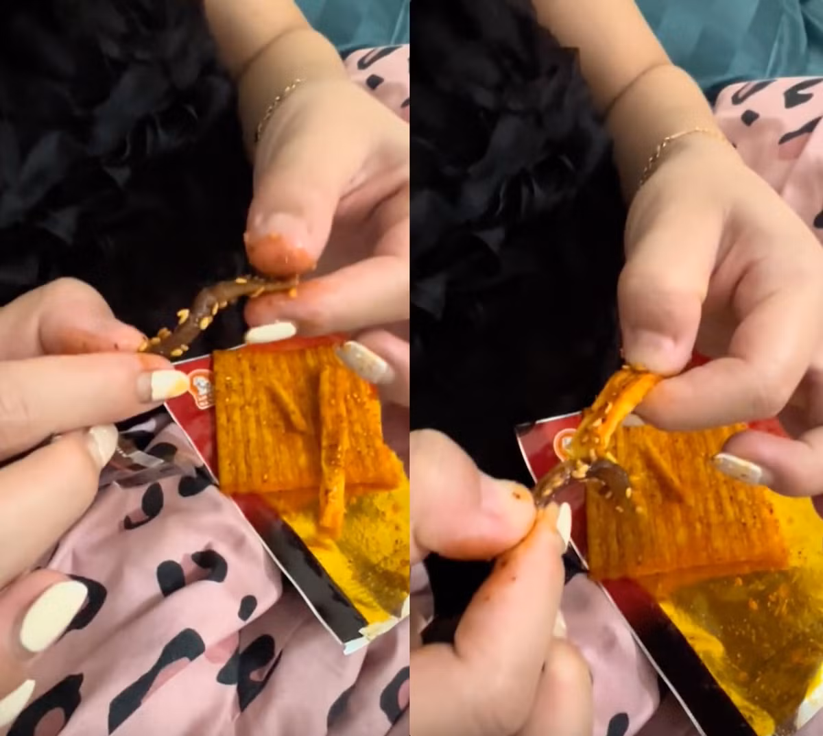 Vào tháng 3/2024, một tài khoản bất ngờ đăng tải clip bóc một gói đồ ăn vặt mua từ kênh Ăn cùng bà Tuyết thì lại xuất hiện vật thể lạ bên trong. Chủ nhân clip đăng tải và còn hỏi mọi người cùng xem đó là gì. Có người nói trông giống giun, có người lại thấy giống thạch sùng...