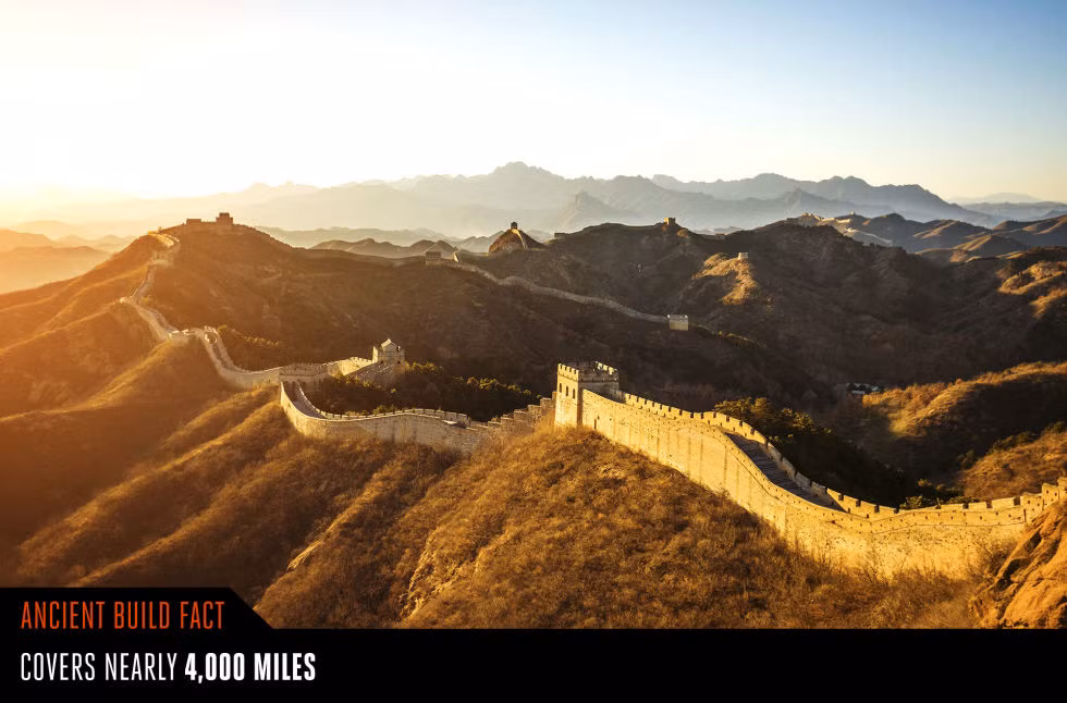  1. Vạn Lý Trường Thành (Trung Quốc). Vạn Lý Trường Thành luôn khiến con người hiện đại kinh ngạc về chiều dài khó tin của công trình này. Công trình văn minh cổ xưa này dài tới trên 10.000km. Ảnh: Popularmechanics.