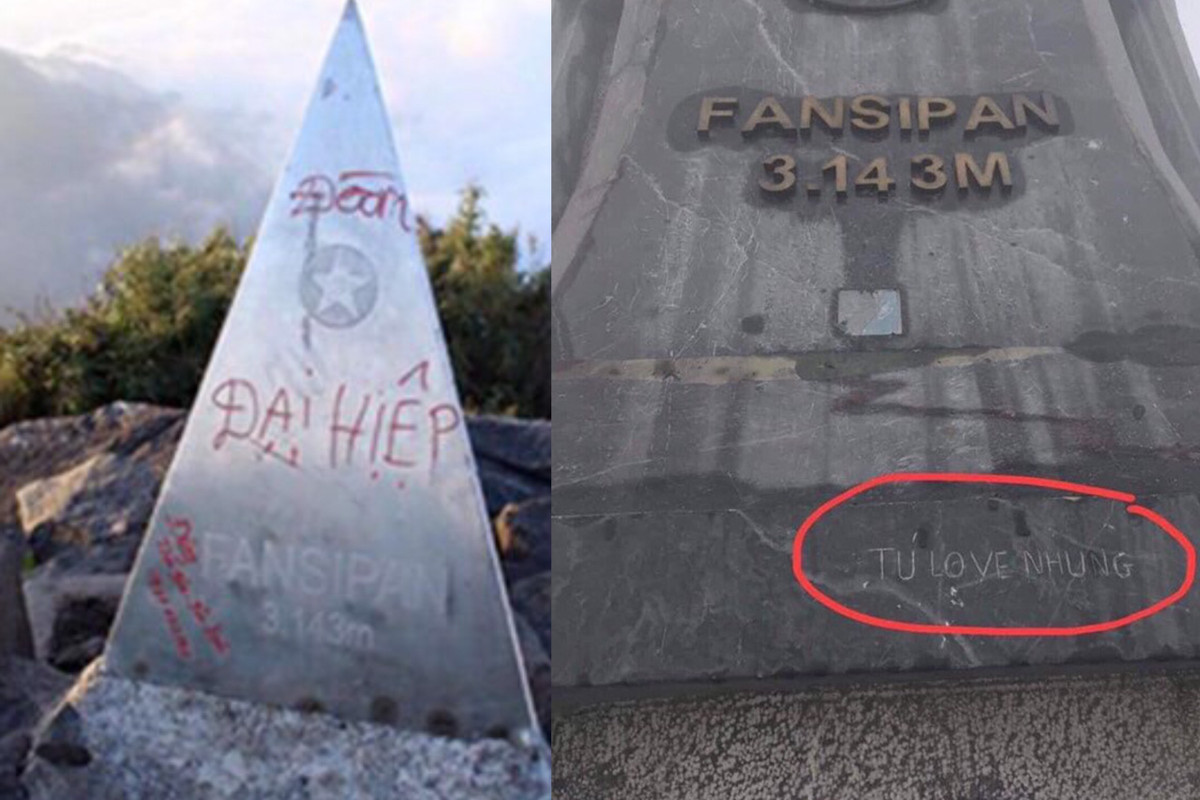 Bức ảnh chụp cột cờ trên đỉnh Fansipan (Sa Pa, Lào Cai) bị vẽ bậy được đăng tải và chia sẻ trên nhiều diễn đàn. Cụ thể, "tác giả" của sản phẩm trên đã khắc lên cột ghi mốc độ cao của đỉnh Fansipan dòng chữ "Tú love Nhung". Ảnh: Vũ Viết Trung