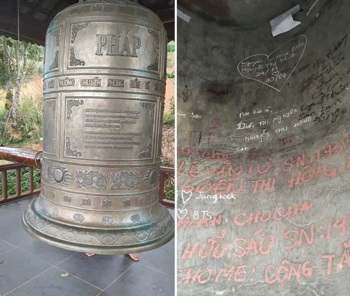 Chiếc chuông đồng tại một ngôi chùa cũng là địa điểm cho các bạn trẻ khắc tên, ghi điều ước, nguyện cầu tình yêu... Ảnh: KSĐP