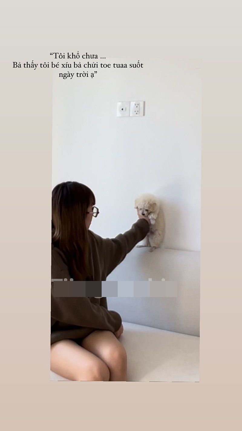 Trên story Instagram, Lê Thị Khánh Huyền đăng ảnh chơi đùa cùng một chú cún con. Tuy nhiên chiếc ghế sofa và ổ điện lại giống y xì đúc với hình ảnh của Bụt đăng trước đó.