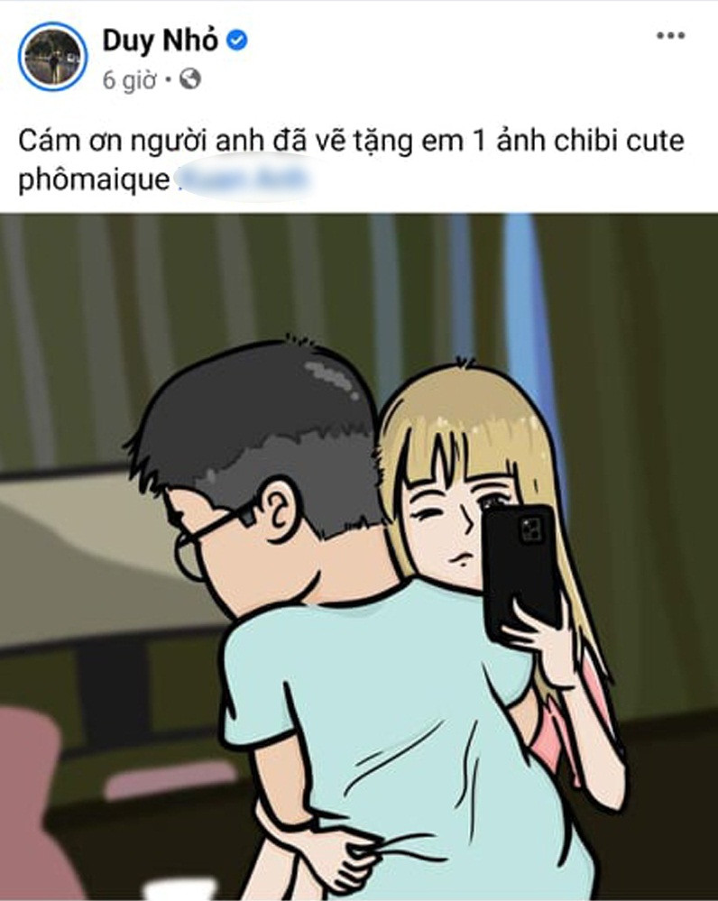 Ở một lần khác, Duy Nhỏ tiếp tục tung "hint" về chuyện tình cảm cá nhân. Theo đó, thiếu gia Đồng Tháp phấn khích khoe món quà được một người bạn vẽ tặng. Đó là hình ảnh chibi mà Bụt đang ôm ấp một cô gái tóc vàng.