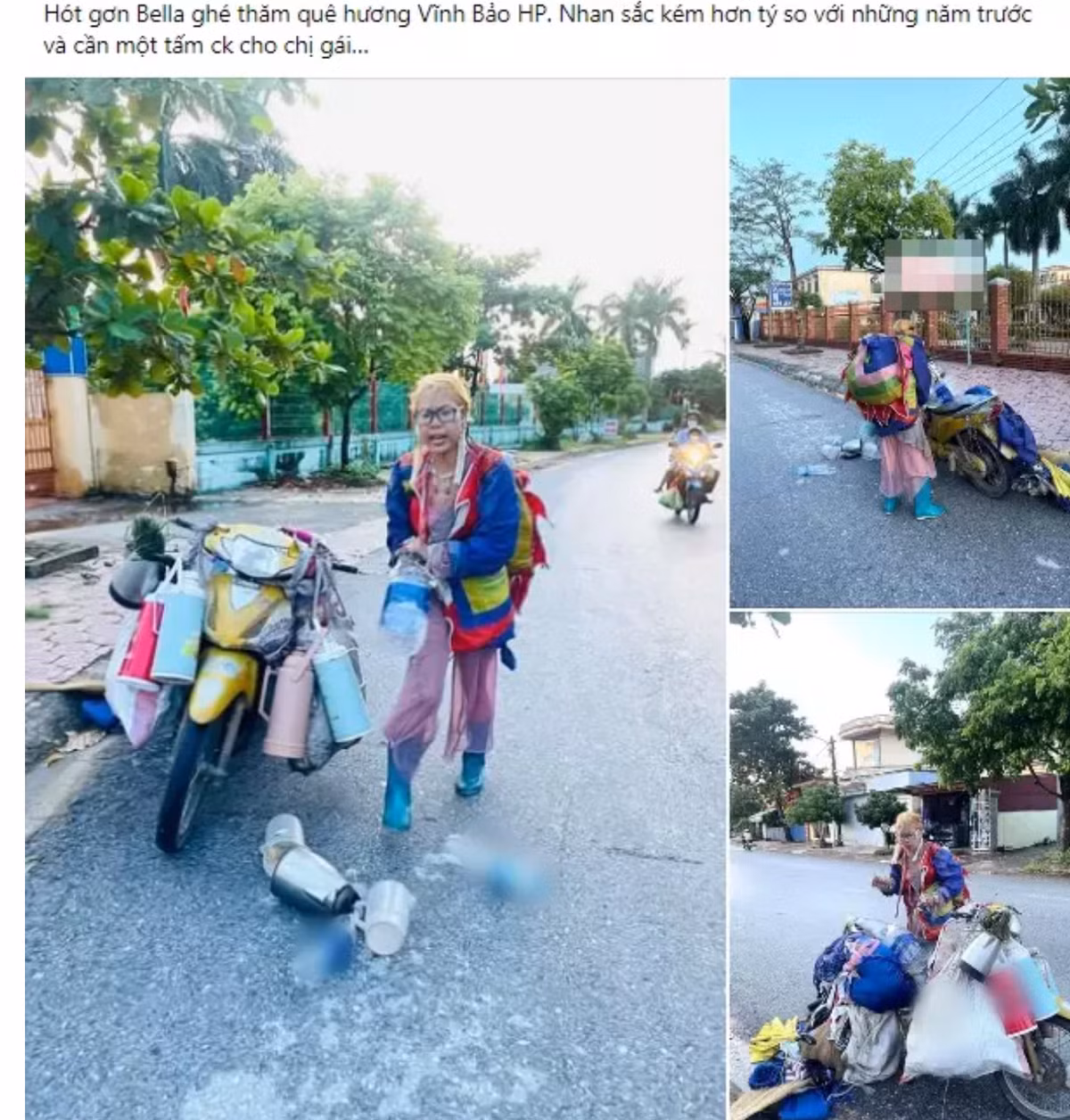 Qua hình ảnh của người đi đường chụp lại, "thánh quỵt tiền" đang dừng xe đậu bên lề đường. Cô gặp sự cố khi đống đồ lỉnh kỉnh trên xe bị đổ.