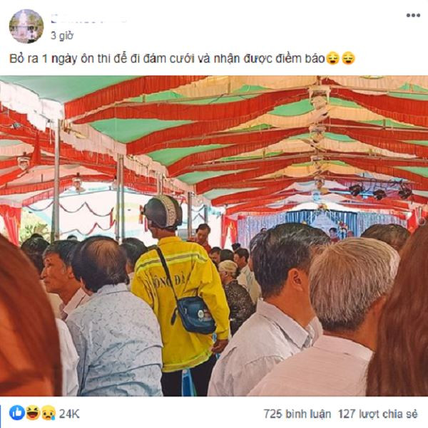 Một nam sinh cho biết đã bỏ hẳn 1 ngày ôn thi để đi ăn cưới và kết quả đã gặp được một người mặc chiếc áo có chữ "Sông Đà". Ngay lập tức các "thánh đoán đề" lại dự đoán môn văn sẽ vào bài "Người lái đò sông Đà".