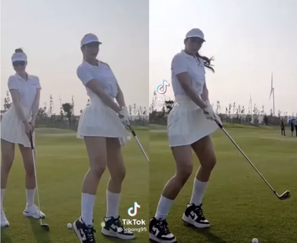 Thay vì tập trung chơi golf hoặc chụp những bộ ảnh kỉ niệm như một thí sinh Hoa hậu bình thường, Lê Bống lại quay clip nhảy nhót cực sung đến mức suýt lộ điểm nhạy cảm.