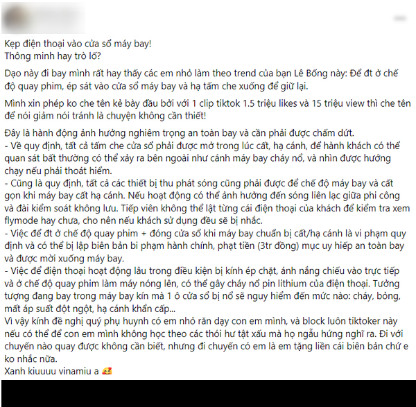 Trước đó, một nam tiếp viên hàng không khác đã đăng tải dòng trạng thái tố nàng TikToker sinh năm 1995 đang “làm lố” và đưa ra một số kiến thức về luật lệ trên máy bay để mọi người tham khảo, không học theo trào lưu mà cô chia sẻ.