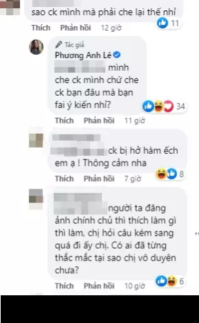 Thắc mắc của người này có vẻ đã khiến hot mom không hài lòng. Cô sau đó đã có màn đáp trả cực căng về chuyện này. "Mình che chồng mình chứ che chồng bạn đâu mà bạn phải ý kiến nhỉ?", Phanh Lee phản ứng căng.