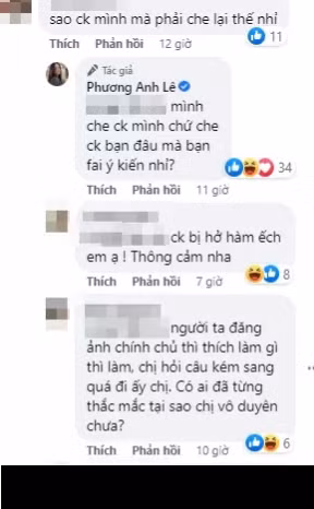 Thắc mắc của người này có vẻ đã khiến hot mom không hài lòng. Cô sau đó đã có màn đáp trả cực căng về chuyện này. "Mình che chồng mình chứ che chồng bạn đâu mà bạn phải ý kiến nhỉ?", Phanh Lee phản ứng căng.
