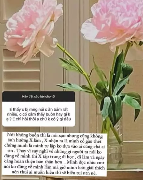 Trước những đồn đoán không hay ho về mình, mới đây gái xinh Sài thành chẳng ngán đáp trả. Cụ thể trên trang cá nhân, một fan đặt câu hỏi nhạy cảm: "Em thấy chị bị mọi người nói ăn bám rất nhiều, chị có cảm thấy buồn không ạ?".