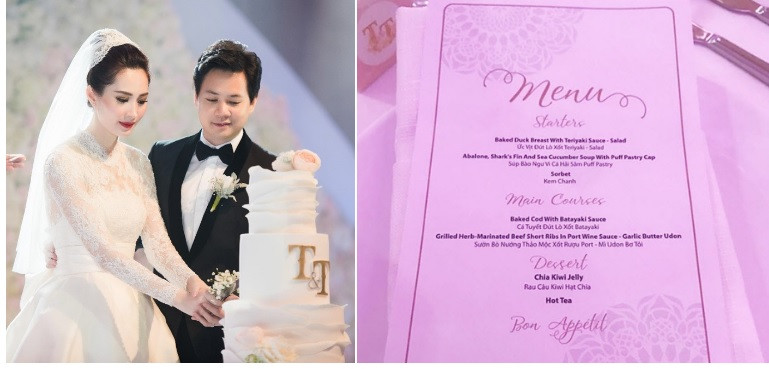 Đặng Thu Thảo và doanh nhân Trung Tín tổ chức tiệc cưới tại trung tâm hội nghị nổi tiếng ở quận 1 (TP.HCM). Thực đơn bữa tiệc của Hoa hậu Việt Nam 2012 gồm 3 món khai vị, 2 món chính và 2 món tráng miệng. Các món xuất hiện trên bàn đãi khách là ức vịt đút lò sốt teriyaki kèm salad, súp bào ngư vi cá hải sâm, kem chanh, cá tuyết đút lò sốt batayaki, sườn bò nướng thảo mộc sốt rượu port, mì udon bơ tỏi.