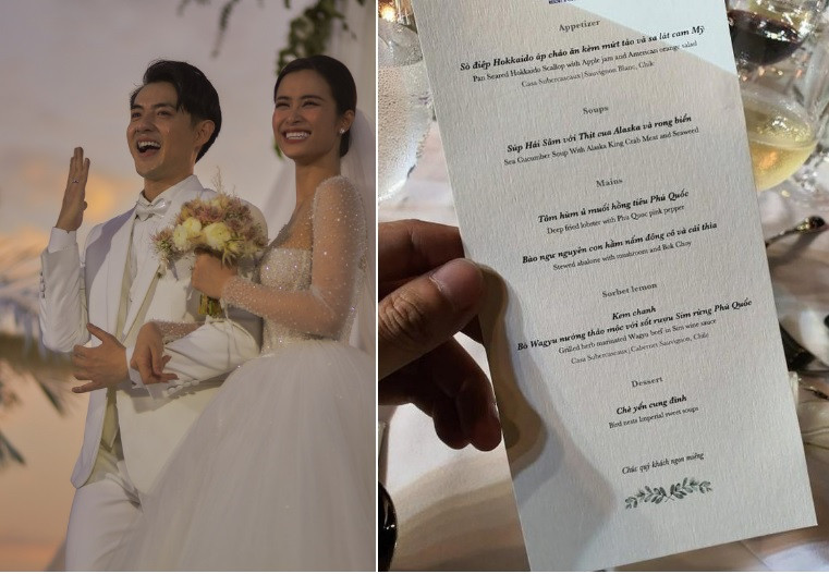 Đông Nhi và Ông Cao Thắng đã tổ chức lễ cưới sang trọng tại Phú Quốc. Thực đơn tiệc cưới của cặp sao gồm những món ăn được làm từ các nguyên liệu đắt đỏ như sò điệp Hokkaido, tôm hùm, cua Alaska, bò Wagyu. Cua Alaska (hay còn gọi là cua hoàng đế) tươi sống thường có giá từ 1,9 triệu đồng/kg. Thịt bò Wagyu xuất xứ từ Nhật cũng có mức giá "khủng" là 1,5-3 triệu đồng/phần.