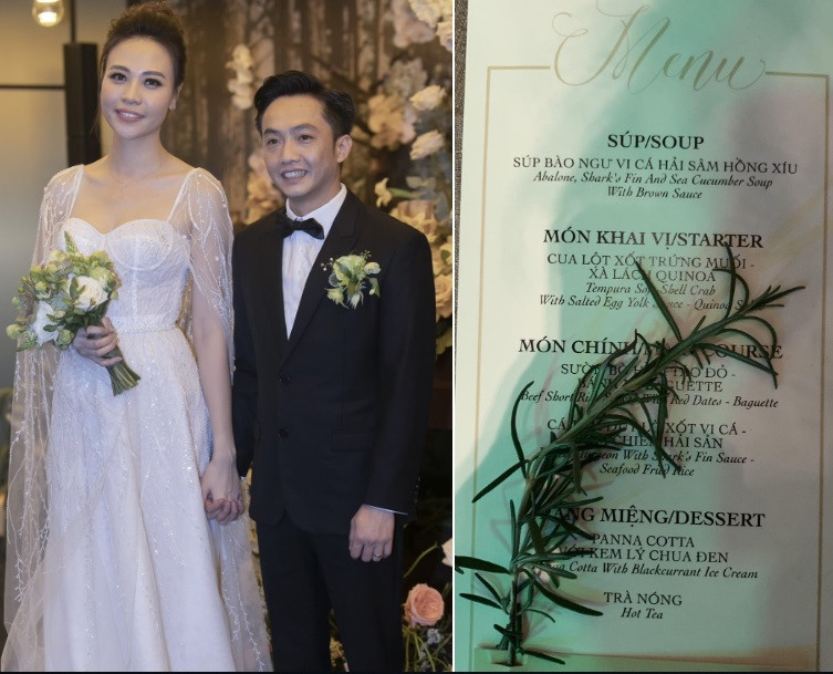 Ngày 28/7, hôn lễ của Cường Đô La và Đàm Thu Trang diễn ra tại một trung tâm tiệc cưới sang trọng ở TP.HCM. "Đại gia phố núi" đã lựa chọn những món ăn thiên về ẩm thực Tây phương như cua lột sốt trứng muối dùng kèm xà lách quinoa, cá đút lò sốt vi cá... để phục vụ khách mời cũng như người thân, bạn bè. Ngoài ra, một số món ăn quen thuộc với người Á Đông cũng được đưa vào thực đơn, gồm súp bào ngư vi cá hải sâm hồng xíu, sườn bò hầm táo đỏ, cơm chiên hải sản. Món tráng miệng của tiệc cưới là bánh panna cotta dùng với kem lý chua đen.