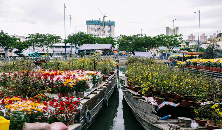 Đã thành thông lệ, bến Bình Đông là nơi tập kết hoa Tết độc đáo và đặc sắc nhất so với những chợ hoa Tết khác ở Sài Gòn.