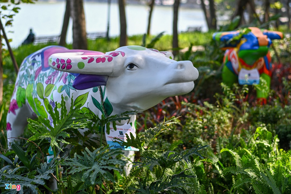 Đàn trâu nghệ thuật được trang trí với nhiều màu sắc. Sản phẩm này của dự án phi lợi nhuận “Trâu diễu hành Hà Nội 2021”, do họa sĩ Bùi Chí Công thực hiện.