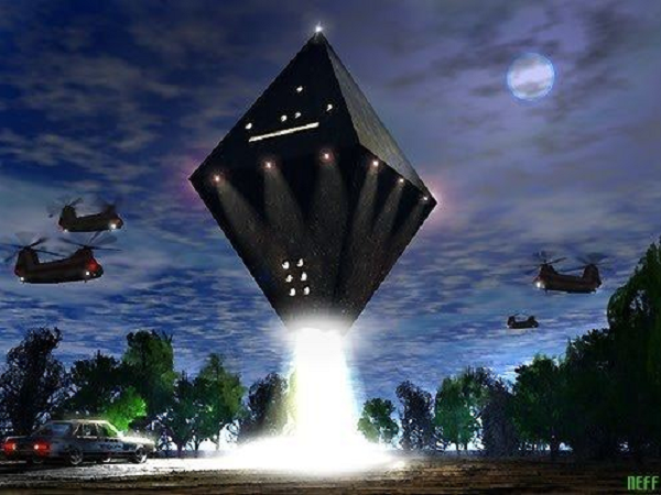 Vickie chạm tay vào bảng điều kiển, thấy mặt kính đã mềm ra, in dấu ngón tay của mình. Betty lao ra khỏi xe, nhìn thật kỹ vật thể trên đầu. “Nó như khối kim cương tứ diện, nhưng các đỉnh thì tròn và các mặt thì lồi”.