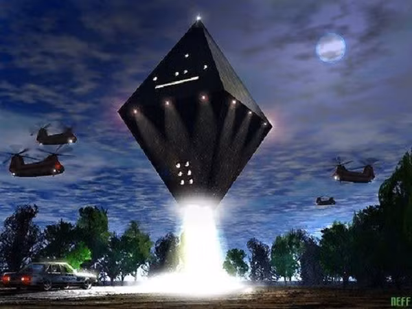 Vickie chạm tay vào bảng điều kiển, thấy mặt kính đã mềm ra, in dấu ngón tay của mình. Betty lao ra khỏi xe, nhìn thật kỹ vật thể trên đầu. “Nó như khối kim cương tứ diện, nhưng các đỉnh thì tròn và các mặt thì lồi”.