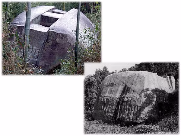 Bên cạnh đó, Masuda no iwafune có nét tương đồng với một khối đá khác ở Nhật Bản là cự thạch Ishi-no-Hoden. Khối cự thạch Ishi-no-Hoden có kích thước khổng lồ và có các đường gờ tương tự ở hai bên. Ishi-no-Hoden là một ngôi đền thờ thần Oshiko Jinja của Thần đạo, nhưng không ai biết ban đầu ai đã xây dựng nó và tại sao.