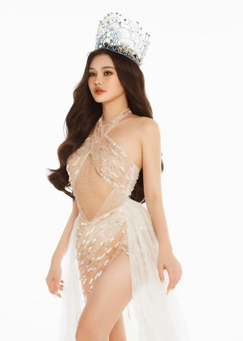 Gần đây, Ngân Anh tung bộ ảnh gợi cảm. Chân dài đội vương miện Hoa hậu Đại dương Việt Nam, mặc các mẫu váy xuyên thấu cắt xẻ táo bạo.