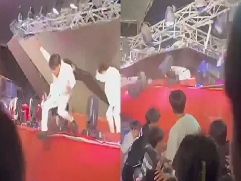 TiTi (HKT) kể lại: "Khi tôi đang nhảy, trời gió to, màn hình LED phía sau sân khấu như sắp sập. Tôi cũng có cảnh giác, vừa nhảy vừa thỉnh thoảng nhìn ra phía sau. Nhưng chỉ được một lúc nữa, màn hình đó rơi xuống, đè trúng 2 bạn vũ công. Theo phản xạ tự nhiên, tôi đã nhảy xuống trước khi đèn sập nên chỉ bị trầy xước nhẹ”. Về hai vũ công, một người bị bong gân tay, một người bị chấn thương đầu gối. Ảnh: Dân trí