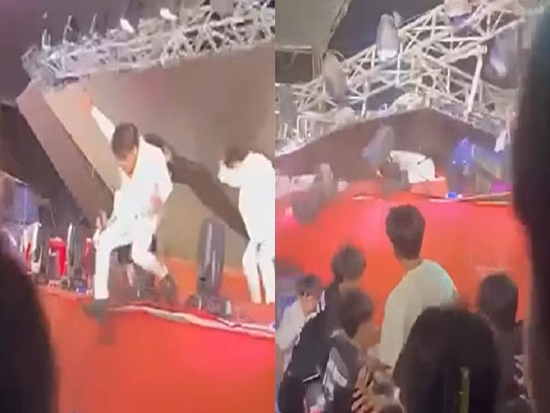 TiTi (HKT) kể lại: "Khi tôi đang nhảy, trời gió to, màn hình LED phía sau sân khấu như sắp sập. Tôi cũng có cảnh giác, vừa nhảy vừa thỉnh thoảng nhìn ra phía sau. Nhưng chỉ được một lúc nữa, màn hình đó rơi xuống, đè trúng 2 bạn vũ công. Theo phản xạ tự nhiên, tôi đã nhảy xuống trước khi đèn sập nên chỉ bị trầy xước nhẹ”. Về hai vũ công, một người bị bong gân tay, một người bị chấn thương đầu gối. Ảnh: Dân trí