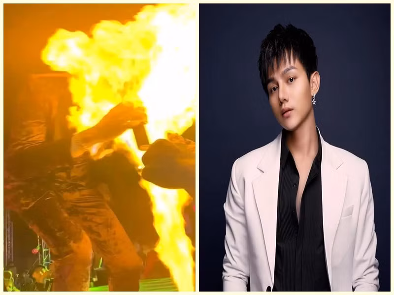 Tháng 5/2022, khi đang hát và tiến đến gần phần rìa sân khấu để giao lưu với người hâm mộ, Phan Duy Anh bị ngọn lửa phụt thẳng vào mặt. Sau sự cố, trên trang cá nhân, nam ca sĩ cho biết, sức khỏe của anh hiện đã ổn định. Tuy nhiên, Phan Duy Anh vẫn phải đi bệnh viện khám mắt. Ảnh: Saostar