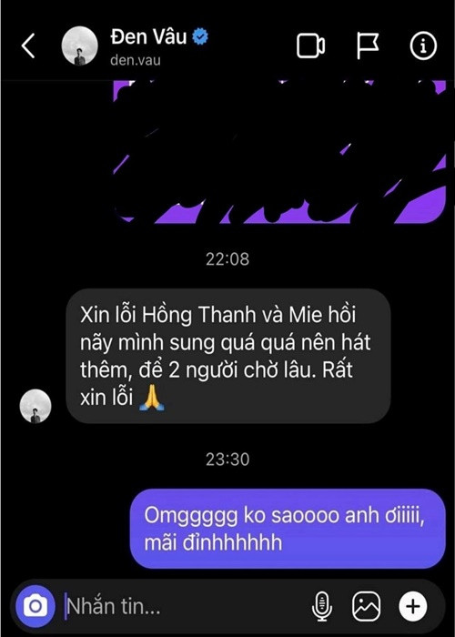 Tháng 5/2022, ca sĩ Hồng Thanh bất ngờ chia sẻ tin nhắn Đen Vâu xin lỗi vì anh hát thêm để tặng người hâm mộ khiến các nghệ sĩ phía sau phải chờ đợi lâu hơn. Ảnh: Lao động