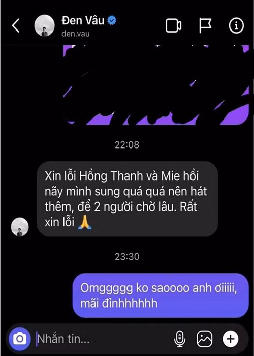 Tháng 5/2022, ca sĩ Hồng Thanh bất ngờ chia sẻ tin nhắn Đen Vâu xin lỗi vì anh hát thêm để tặng người hâm mộ khiến các nghệ sĩ phía sau phải chờ đợi lâu hơn. Ảnh: Lao động