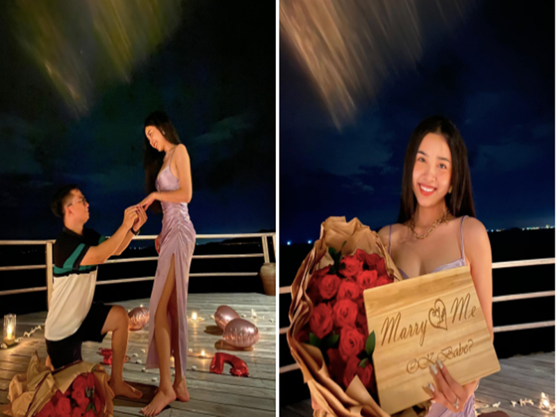 Thúy An sinh năm 1998 giành danh hiệu Á hậu 2 Hoa hậu Việt Nam 2018. Thúy An quen biết Ngọc Duy từ giữa năm 2017 qua sự giới thiệu của một người bạn. Đến đầu năm 2018, cả hai chính thức hẹn hò nhưng giữ kín chuyện tình cảm. Tháng 11/2020, Á hậu Thúy An chia sẻ trên trang cá nhân hình ảnh được cầu hôn. Ảnh: Tiền Phong