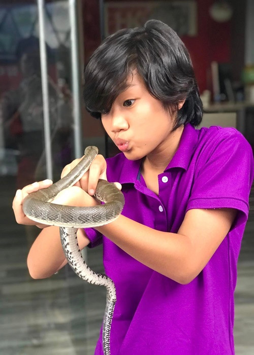 Con trai Kiều Trinh quen với những chú rắn của đoàn phim.