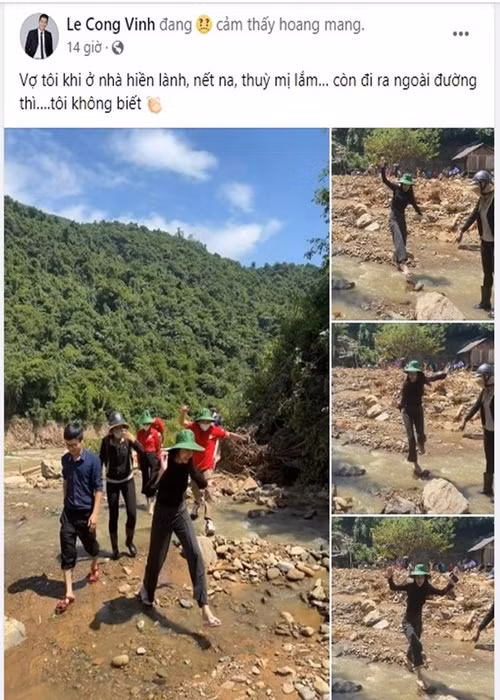 Tháng 10/2022, Công Vinh chia sẻ hình ảnh Thủy Tiên trèo đèo lội suối về quê chồng ở miền Trung làm từ thiện. Nữ ca sĩ có mặt ở huyện Kỳ Sơn - tỉnh Nghệ An, trao tặng số tiền 360 triệu đồng để hỗ trợ xây nhà mới cho 6 hộ gia đình mất nhà vì siêu bão Noru. Ảnh: FBNV