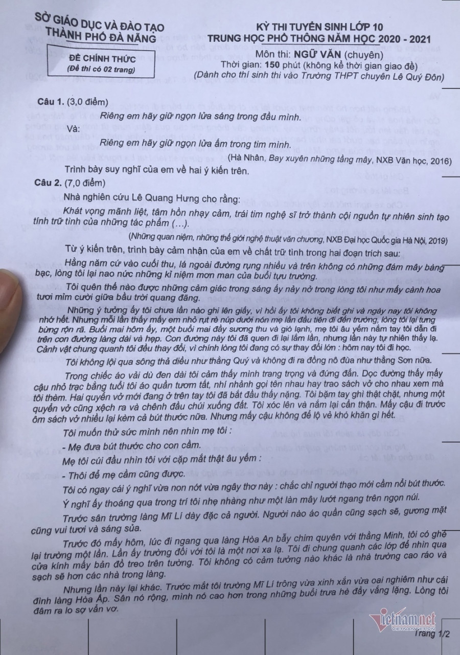 De thi lop 10 chuyen Van truong Le Quy Don, Da Nang