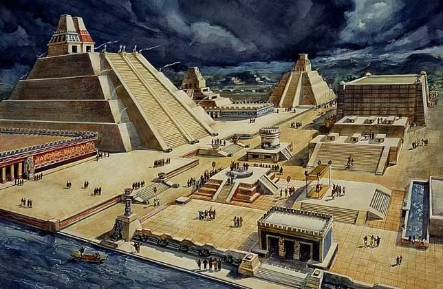 Kinh đô Tenochtitlan của người Aztec được người dân xây dựng trên một hòn đảo giữa hồ Texcoco.
