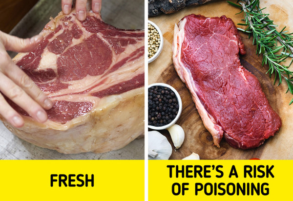 Thịt. Mẹo chọn thịt ngon là quan sát màu sắc, mùi của chúng. Cụ thể, thịt tươi có lớp màng khô, màu đỏ tươi, bề mặt hơi se lại. Mặt cắt miếng thịt màu hồng sáng, da trắng hồng, mềm mại. Phần mỡ màu sáng, chắc, mùi thơm đặc trưng. Phần khớp xương láng và trong. Tủy xương bám chặt vào thành ống, trong suốt.