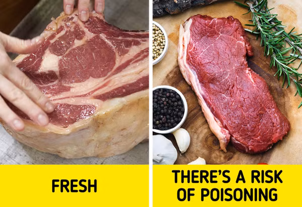 Thịt. Mẹo chọn thịt ngon là quan sát màu sắc, mùi của chúng. Cụ thể, thịt tươi có lớp màng khô, màu đỏ tươi, bề mặt hơi se lại. Mặt cắt miếng thịt màu hồng sáng, da trắng hồng, mềm mại. Phần mỡ màu sáng, chắc, mùi thơm đặc trưng. Phần khớp xương láng và trong. Tủy xương bám chặt vào thành ống, trong suốt.