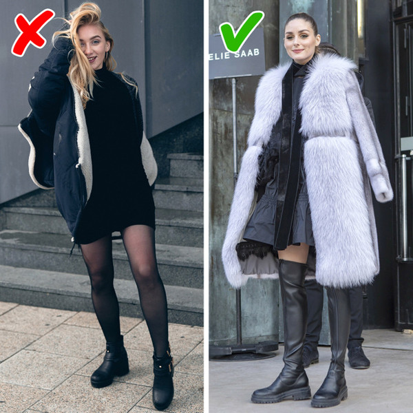 Mặc áo khoác dài hơn váy trong. Áo khoác ngắn kết hợp váy mini giúp bạn gái khoe trọn đôi chân thon gọn. Vậy nhưng cách phối đồ này không được đánh giá cao. Mặc như vậy khiến người nhìn rối mắt vì trang phục phân tầng, hơn nữa cũng khó nhìn chiếc váy bên trong. Để hài hòa, chị em nên chọn váy mini kết hợp với áo khoác dài hơn – midi hoặc maxi.