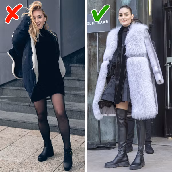 Mặc áo khoác dài hơn váy trong. Áo khoác ngắn kết hợp váy mini giúp bạn gái khoe trọn đôi chân thon gọn. Vậy nhưng cách phối đồ này không được đánh giá cao. Mặc như vậy khiến người nhìn rối mắt vì trang phục phân tầng, hơn nữa cũng khó nhìn chiếc váy bên trong. Để hài hòa, chị em nên chọn váy mini kết hợp với áo khoác dài hơn – midi hoặc maxi.