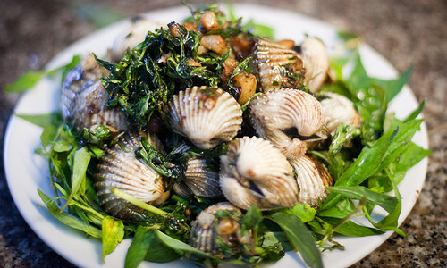 Sò huyết xào rau răm. Để làm món này, nên chọn sò huyết còn sống không quá to, không quá nhỏ. Sò nhỏ quá khi nấu sẽ bị teo lại, còn sò to quá sẽ dai. Sò huyết luộc sôi cho mở miệng rồi tách đôi sò huyết, bỏ một bên vỏ không chứa thịt. Ảnh: zing