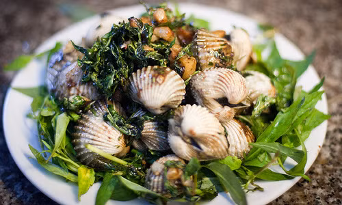 Sò huyết xào rau răm. Để làm món này, nên chọn sò huyết còn sống không quá to, không quá nhỏ. Sò nhỏ quá khi nấu sẽ bị teo lại, còn sò to quá sẽ dai. Sò huyết luộc sôi cho mở miệng rồi tách đôi sò huyết, bỏ một bên vỏ không chứa thịt. Ảnh: zing